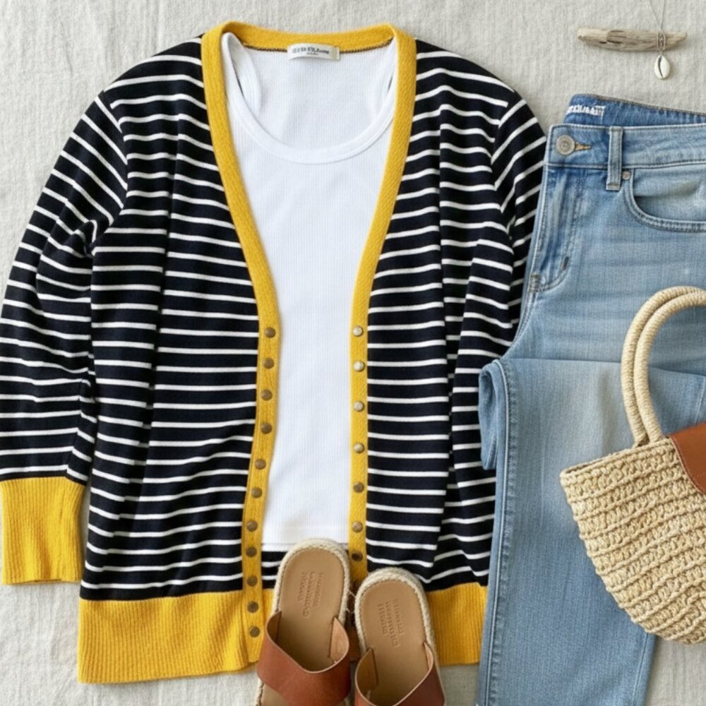 Zenana Striped Snap Front Cardigan - Navy/White with Yellow Trim - Size 3X